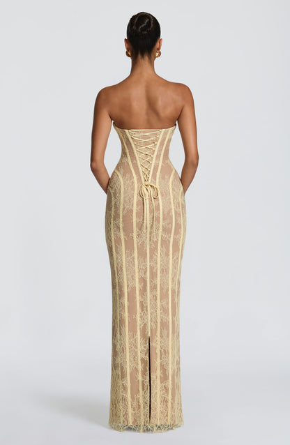 Koriora | Robe Maxi Mina — Corset Dentelle & Colonne Élégante Dos Lacé