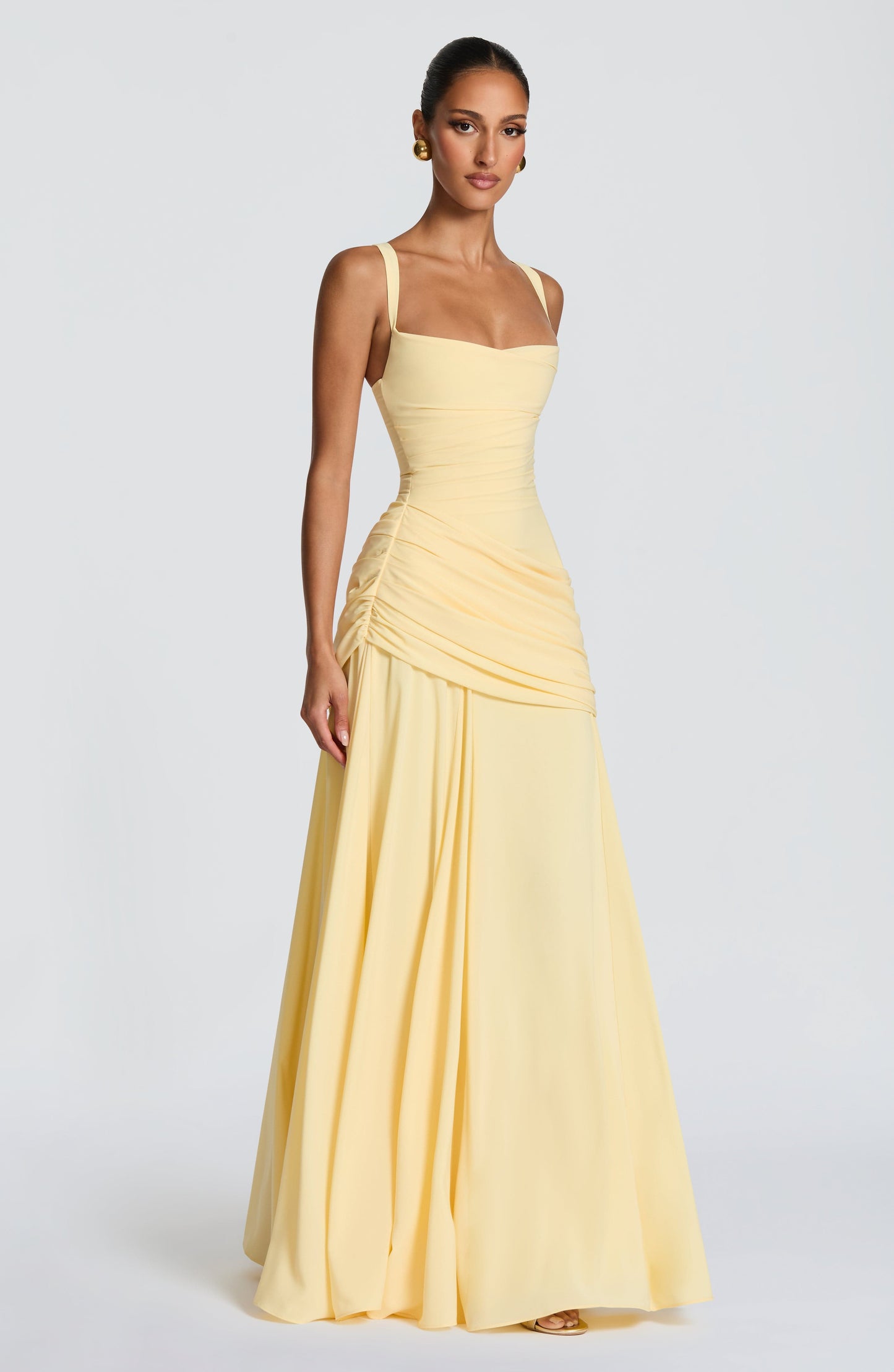 Koriora| Robe Longue Élégante Drapée Jaune Destiny