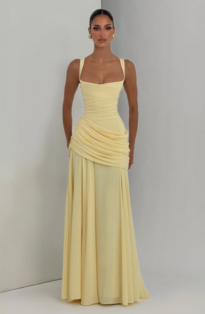 Koriora| Robe Longue Élégante Drapée Jaune Destiny