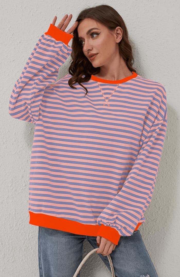 Koriora | Women's Oversized Striped Round-Neck Jumper — Contrast Trims and Modern Relaxed Style