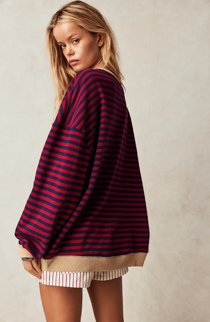 Koriora | Women's Oversized Striped Round-Neck Jumper — Contrast Trims and Modern Relaxed Style