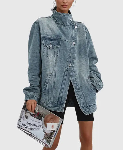 Veste en Jean Femme Oversize à Col Montant – Bleu Denim