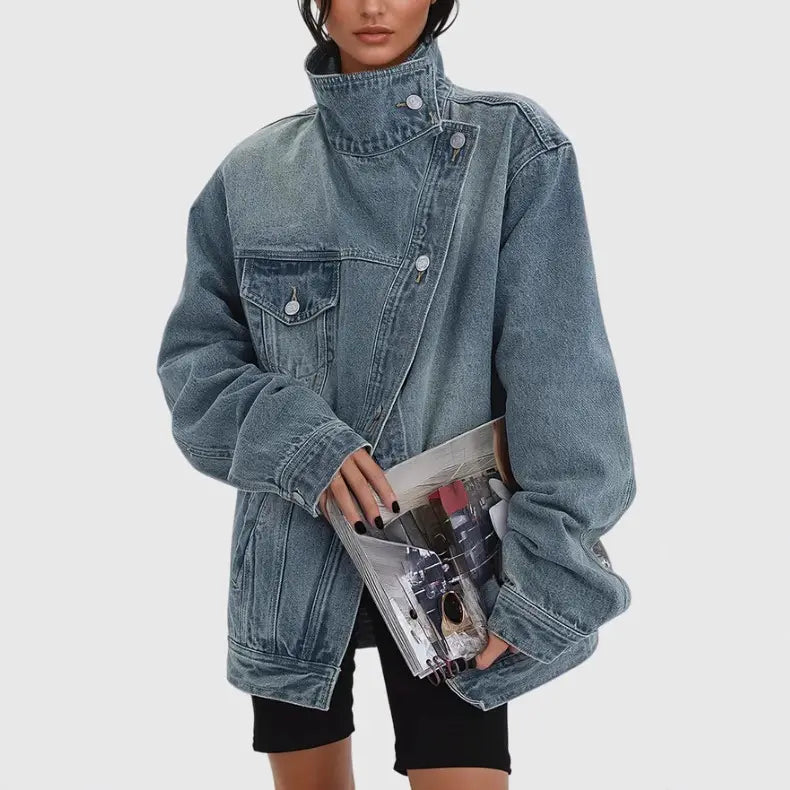 Veste en Jean Femme Oversize à Col Montant – Bleu Denim