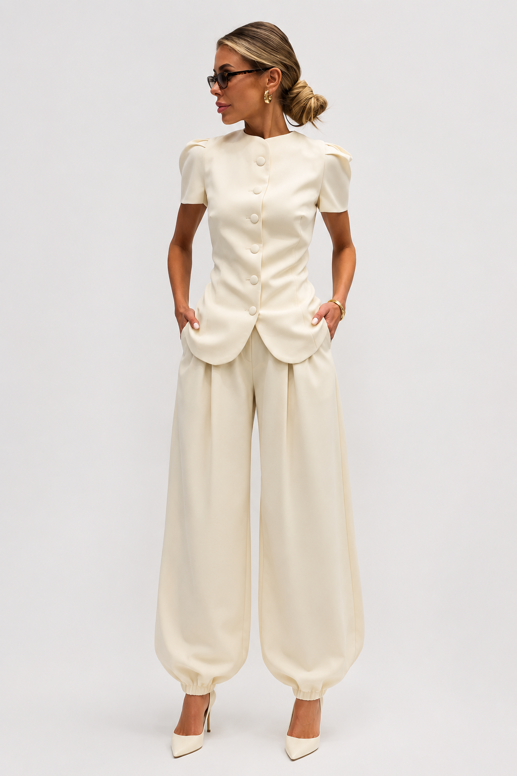 Koriora | Ensemble Tailleur Pantalon Femme — Veste Manches Courtes Boutons Contrastants & Palazzo Fluide