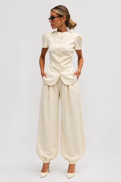 Koriora | Ensemble Tailleur Pantalon Femme — Veste Manches Courtes Boutons Contrastants & Palazzo Fluide