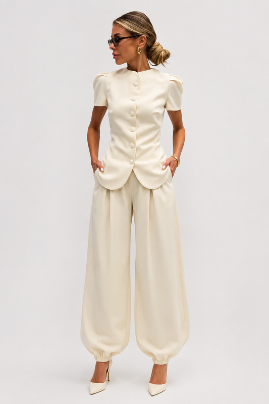 Koriora | Ensemble Tailleur Pantalon Femme — Veste Manches Courtes Boutons Contrastants & Palazzo Fluide