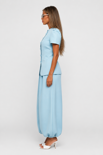 Koriora | Ensemble Tailleur Pantalon Femme — Veste Manches Courtes Boutons Contrastants & Palazzo Fluide