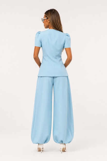 Koriora | Ensemble Tailleur Pantalon Femme — Veste Manches Courtes Boutons Contrastants & Palazzo Fluide