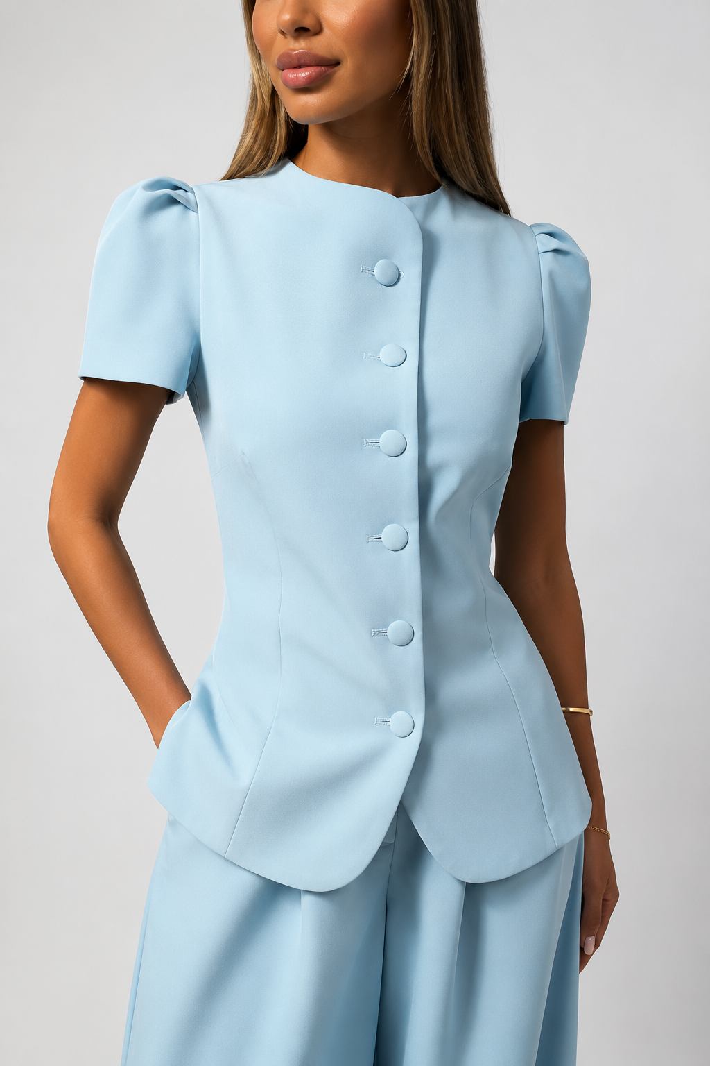 Koriora | Ensemble Tailleur Pantalon Femme — Veste Manches Courtes Boutons Contrastants & Palazzo Fluide