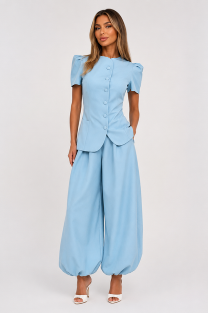 Koriora | Ensemble Tailleur Pantalon Femme — Veste Manches Courtes Boutons Contrastants & Palazzo Fluide