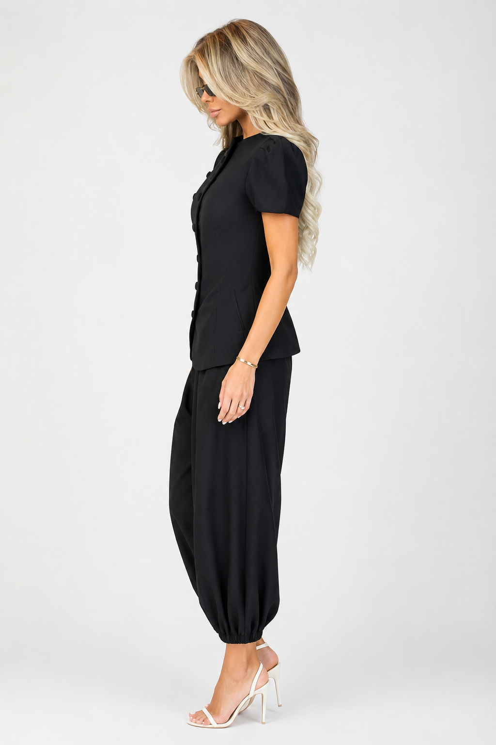 Koriora | Ensemble Tailleur Pantalon Femme — Veste Manches Courtes Boutons Contrastants & Palazzo Fluide