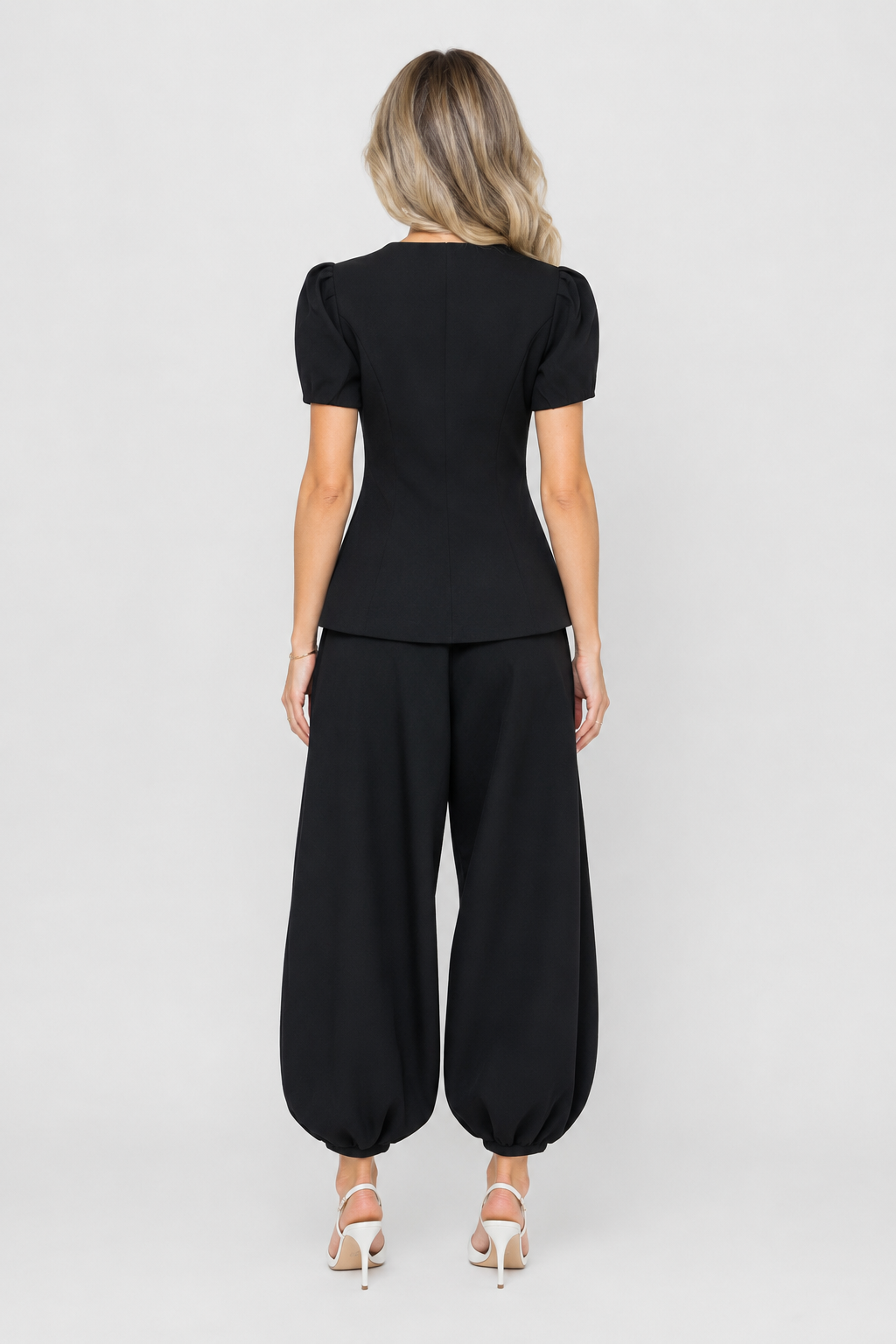 Koriora | Ensemble Tailleur Pantalon Femme — Veste Manches Courtes Boutons Contrastants & Palazzo Fluide