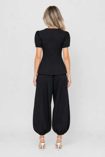 Koriora | Ensemble Tailleur Pantalon Femme — Veste Manches Courtes Boutons Contrastants & Palazzo Fluide