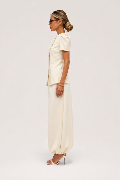 Koriora | Ensemble Tailleur Pantalon Femme — Veste Manches Courtes Boutons Contrastants & Palazzo Fluide
