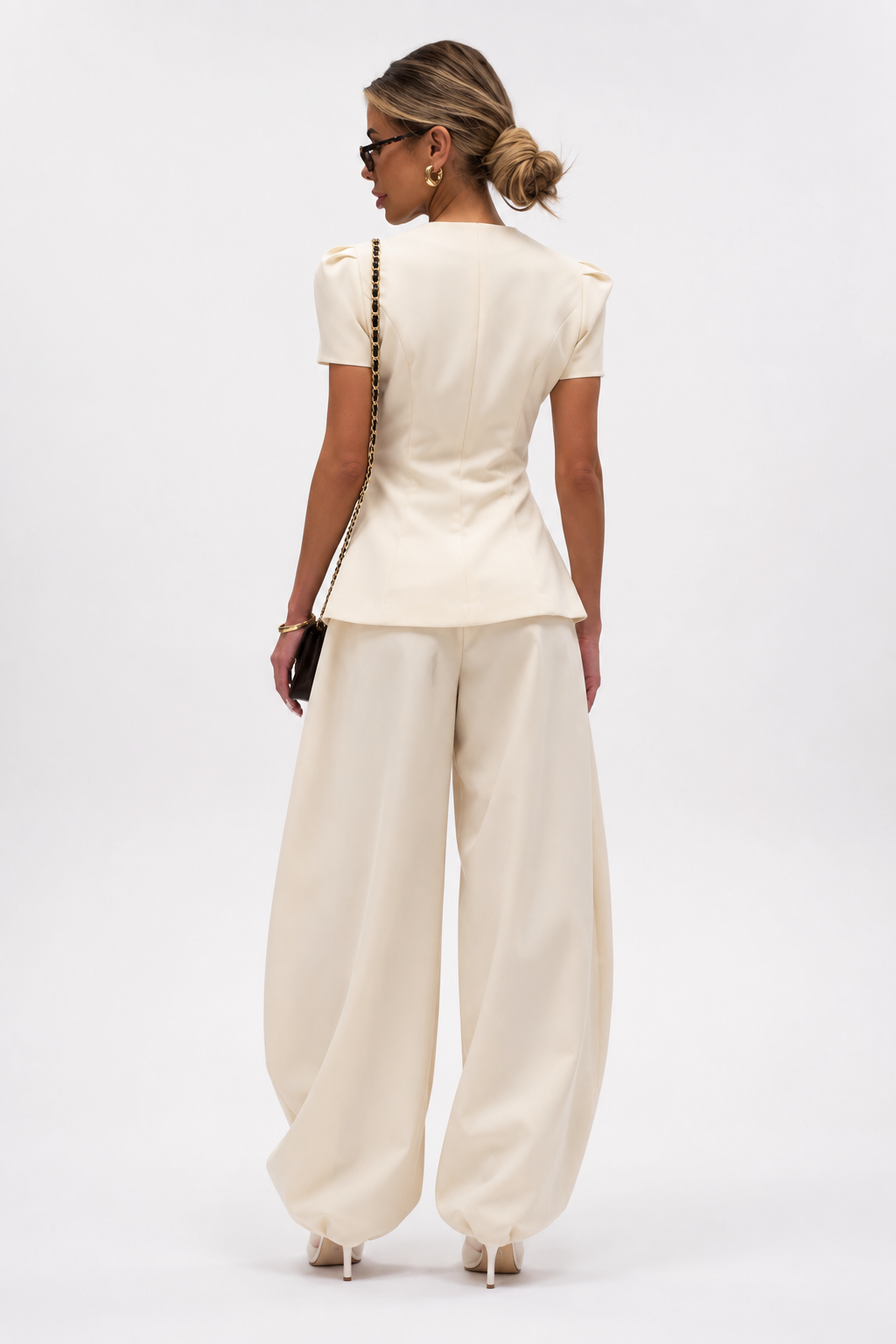 Koriora | Ensemble Tailleur Pantalon Femme — Veste Manches Courtes Boutons Contrastants & Palazzo Fluide