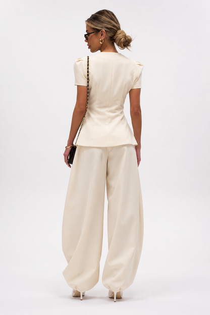 Koriora | Ensemble Tailleur Pantalon Femme — Veste Manches Courtes Boutons Contrastants & Palazzo Fluide