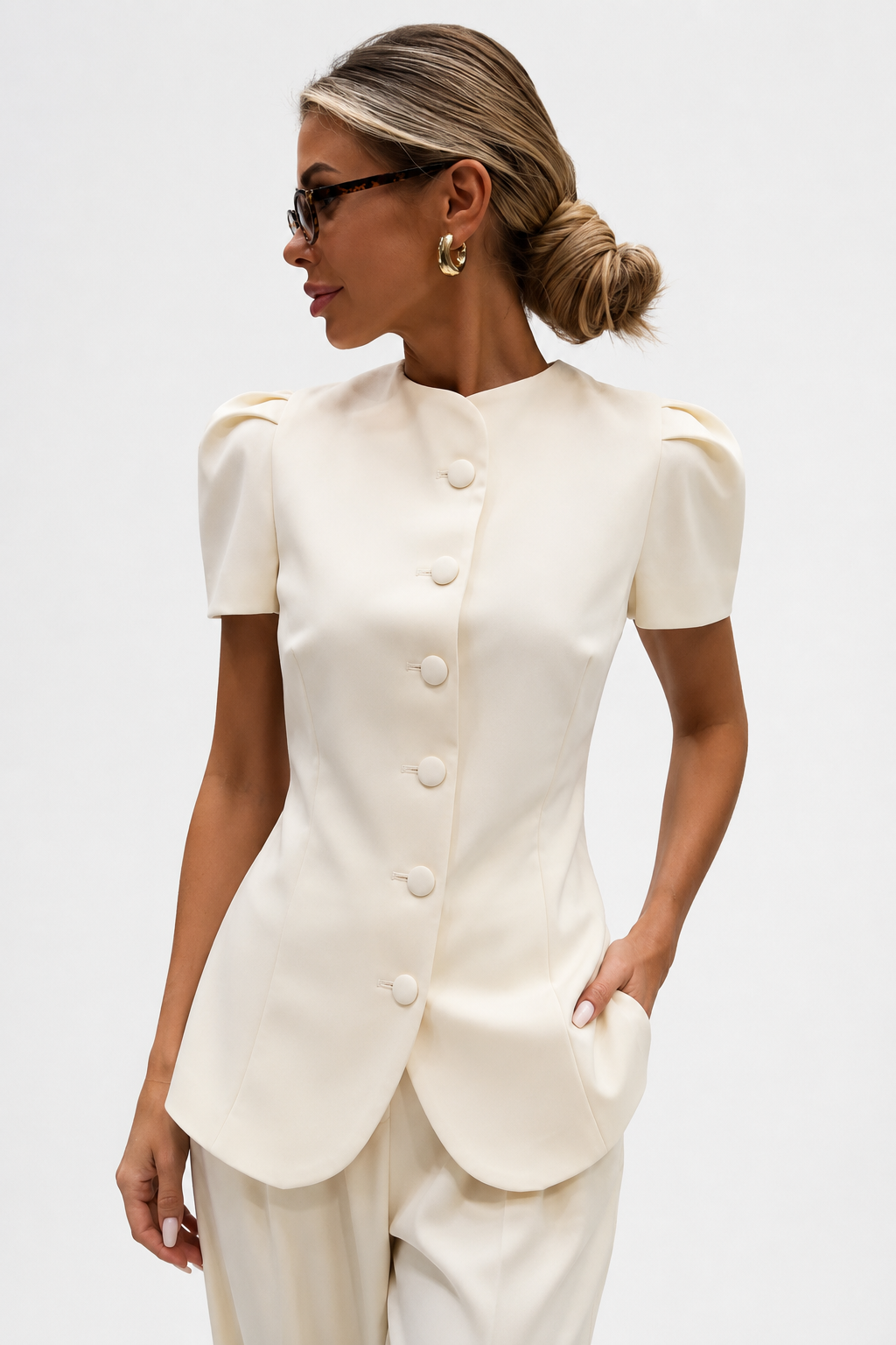 Koriora | Ensemble Tailleur Pantalon Femme — Veste Manches Courtes Boutons Contrastants & Palazzo Fluide