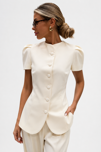 Koriora | Ensemble Tailleur Pantalon Femme — Veste Manches Courtes Boutons Contrastants & Palazzo Fluide