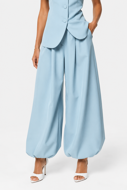 Koriora | Ensemble Tailleur Pantalon Femme — Veste Manches Courtes Boutons Contrastants & Palazzo Fluide