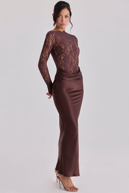 Koriora | Robe Longue Nadia  Satinée & Dentelle Élégante