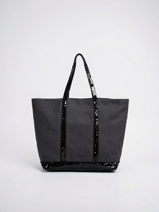 Women's Large Sequin Canvas Tote Bag with Zip Fastening