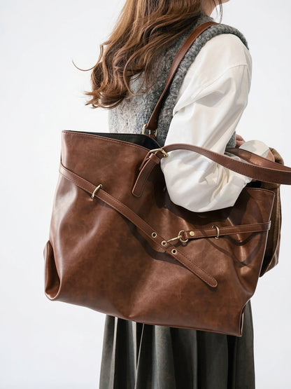 Sac Cabas Femme Oversize Marron  Grand Format Effet Cuir Vintage