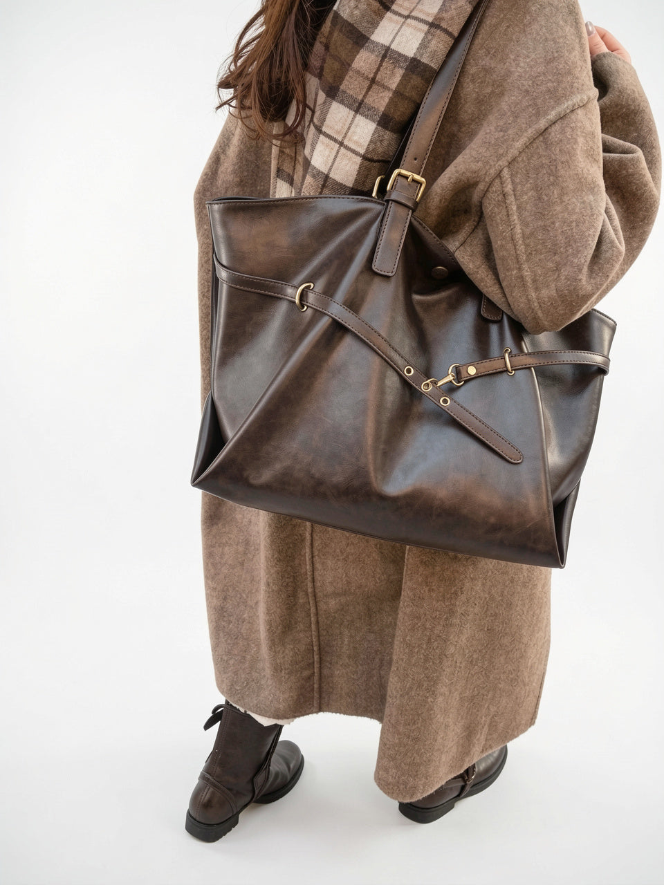 Sac Cabas Femme Oversize Marron  Grand Format Effet Cuir Vintage